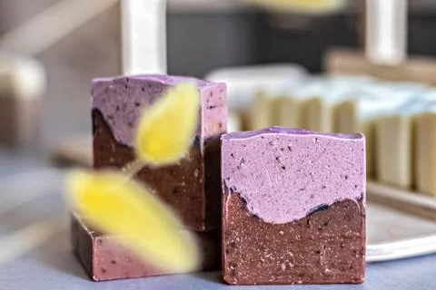 Layout and packaging of fresh prepared handmade soap and cosmetics for body s Stock Photos