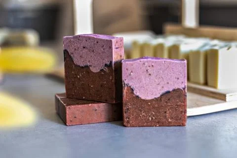 Layout and packaging of fresh prepared handmade soap and cosmetics for body s Stock Photos
