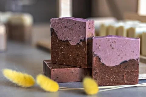Layout and packaging of fresh prepared handmade soap and cosmetics for body s Stock Photos
