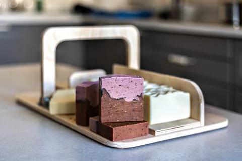 Layout and packaging of fresh prepared handmade soap and cosmetics for body s Stock Photos