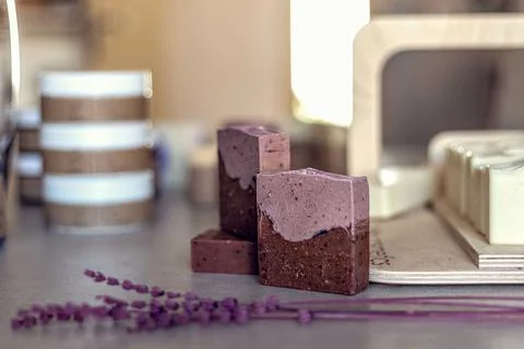 Layout and packaging of fresh prepared handmade soap and cosmetics for body s Stock Photos