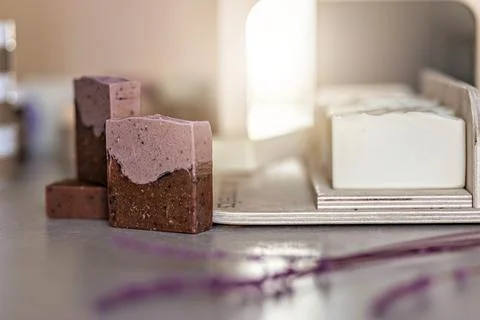 Layout and packaging of fresh prepared handmade soap and cosmetics for body s Stock Photos