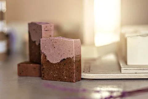 Layout and packaging of fresh prepared handmade soap and cosmetics for body s Stock Photos
