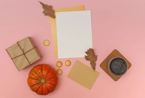 Layout in the autumn theme. A blank sheet for the letter or invitation, gift box Stock Photos