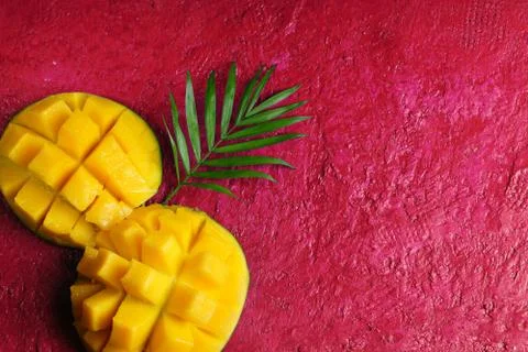 The layout on a bright red background. Mango and palm leaf. Tropical concept. Stock Photos