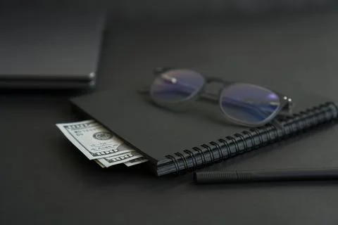 Layout of business things on a black background. Stock Photos