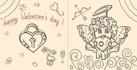 Layout design cards 1 in the style of childrens Doodle on Valentines day Stock Illustration