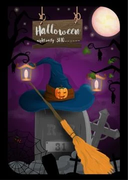 Layout design for print Halloween witch hat hanging on a tombstone with a bro Stock Illustration