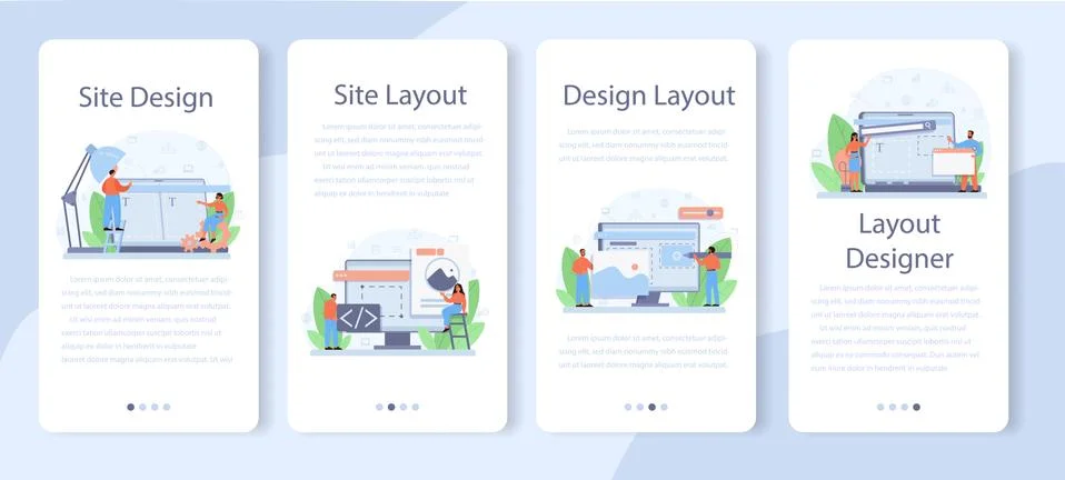 Layout designer mobile application banner set. Web development Illustrazione stock