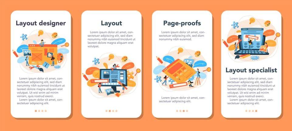Layout designer mobile application banner set. Web development Illustrazione stock