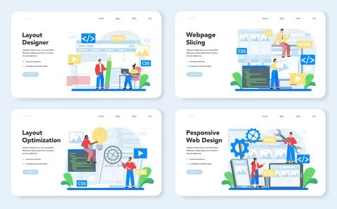 Layout designer web banner or landing page set. Web development, 스톡 일러스트