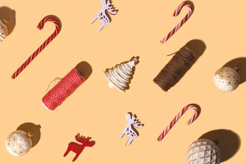 Layout of different Christmas decorations on neutral background Stock Photos