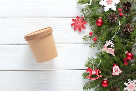 Layout of eco-packaging with Christmas decorations. Christmas sale. Delivery Stock Photos