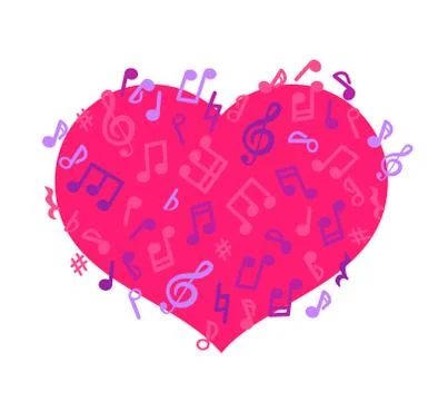 Layout with flying notes and pink heart. Isolated On white background. Stock Illustration