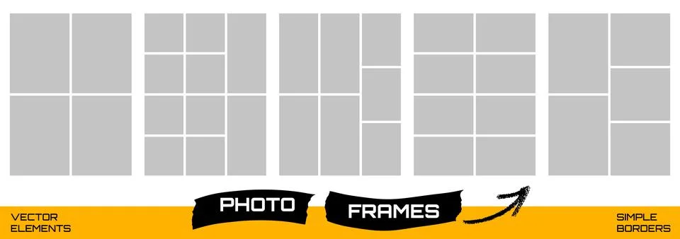 Layout frame set with five modular photo grids and borders. Gray rectangles mix Stock Illustration