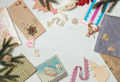 Layout with gift packaging for New Year and Christmas holidays, materials for Stock Photos