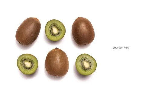 Layout with kiwis on white background. Stock Photos