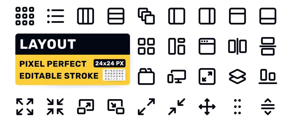 Layout line icon set. Grid, list, columns sidebar, window, tab, responsive Stock Illustration