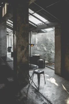 Layout in a loft style in dark colors open space interior view of various cof Stock Photos