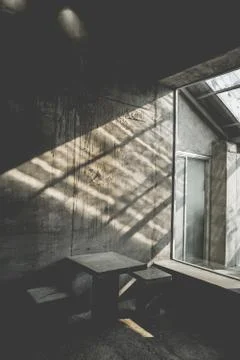 Layout in a loft style in dark colors open space interior view of various cof Stock Photos