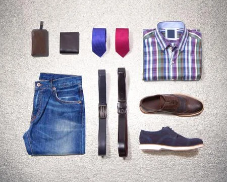 Layout men clothes on silver background Stock Photos