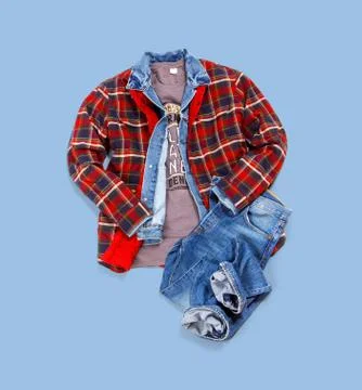 Layout of men's clothes on blue background Stock Photos