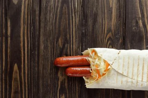 Layout for menu. Pita bread stuffed with sausage, cabbage, shallot, tomato, bell Stock Photos