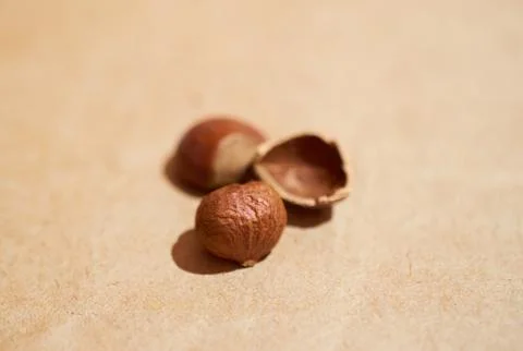 Layout of peeled kernels and hazelnut shells on a brown background Stock Photos