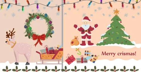 Layout postcards 2 on Christmas and new year theme in the style of flat child Stock Illustration