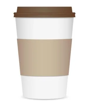 Layout of a realistic coffee cup with a brown lid and a cup holder. Front vie 스톡 일러스트