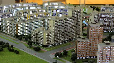 The layout of a residential complex of multi-storey buildings and dense build Fotos Stock