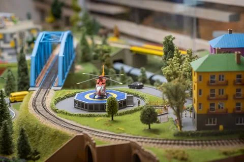 A layout on the scale of urban objects, a railway and various transport Stock Photos