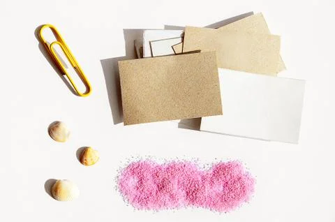 Layout of stationery items with space for text on a light background, paper c Stock Photos