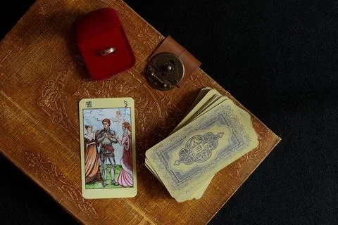 The layout of Tarot cards before making a difficult decision, getting married Stock Photos
