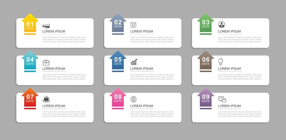 A layout template featuring 9 data infographic rectangle tabs with arrows. Stock Illustration