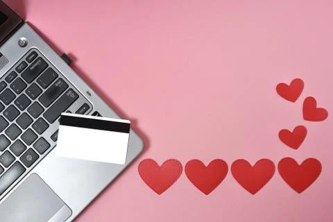 Layout, top view for valentine's day online shopping and sales. notebook, hea Stock Photos