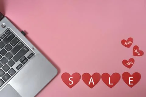 Layout, top view for valentine's day online shopping and sales. notebook, hea Stock Photos