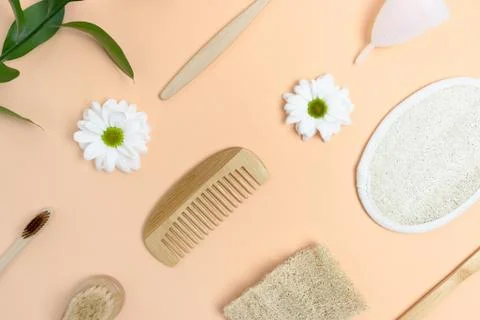 Layout of zero waste accessories for drinking, eating and personal hygiene. Stock Photos