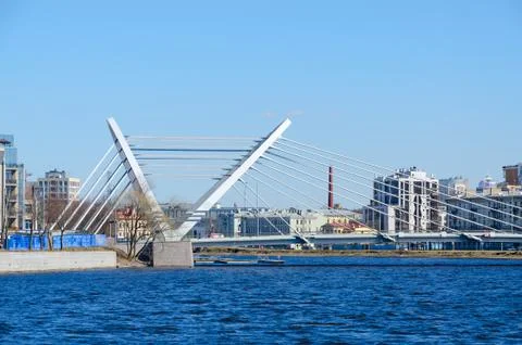 Lazarevsky cable-stayed bridge across Malaya Nevka River, St. Petersburg, Russia Stock-Fotos