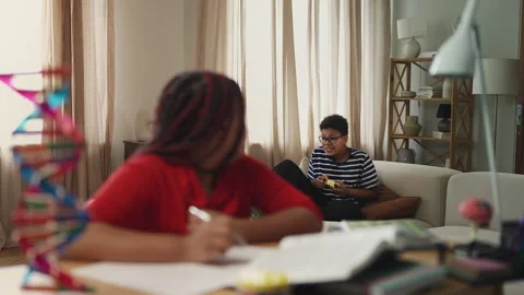 Lazy boy loudly playing video games while his sister tries to do homework Stock Footage 334947548