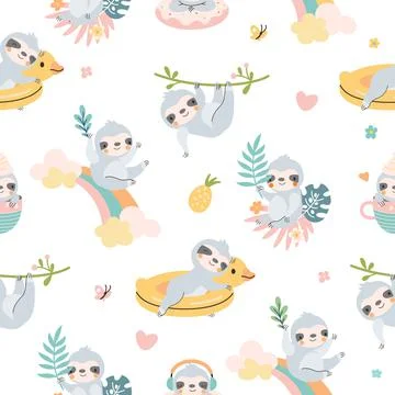 Lazy cartoon sloth seamless pattern. Sloths textile prints, sleeping exotic wild Stock Illustration