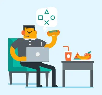 Lazy caucasian white man using a laptop. Illustrazione stock