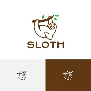 Lazy Cute Sloth Hanging Tree Branch Nature Logo Stock Illustration