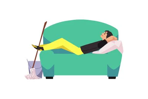 Lazy man laying on couch during cleaning and washing floors, flat vector Stock Illustration