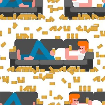 Lazy man lying on couch drinking beer pattern seamless. Hangover guy is lying Illustrazione stock
