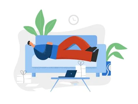 Lazy man lying on couch in front of laptop and heap of documents Stock Illustration