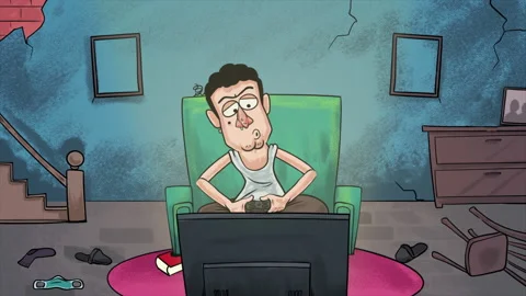 Lazy Man Playing Computer Game in His Room Stock Footage 219560393
