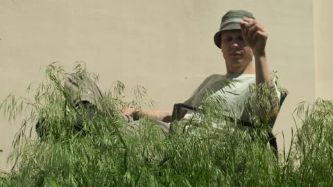 Lazy to mow grass. Man evaluates long lawn weeds Stock Footage 310380833