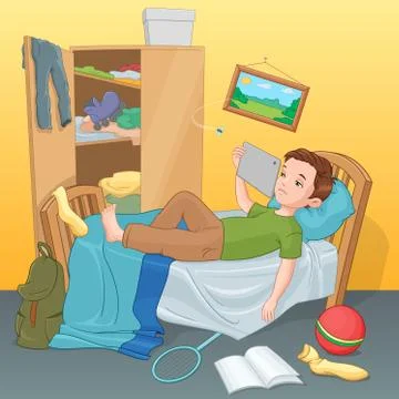 Lazy young boy lying on bed with tablet. Cartoon vector illustration. Stock Illustration