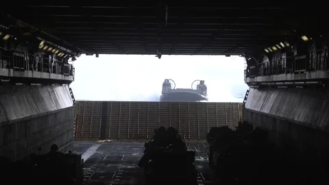 LCAC approaching amphibious assault ship Bonhomme Richard LHD-6 Stock Footage 85787368